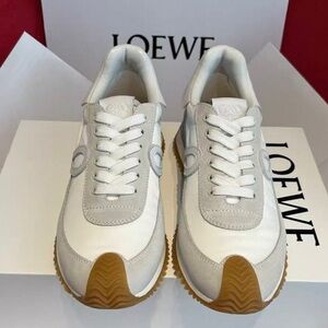 Loewe White and Light Gray Suede-Trim Athletic Sneakers with Gum Sole